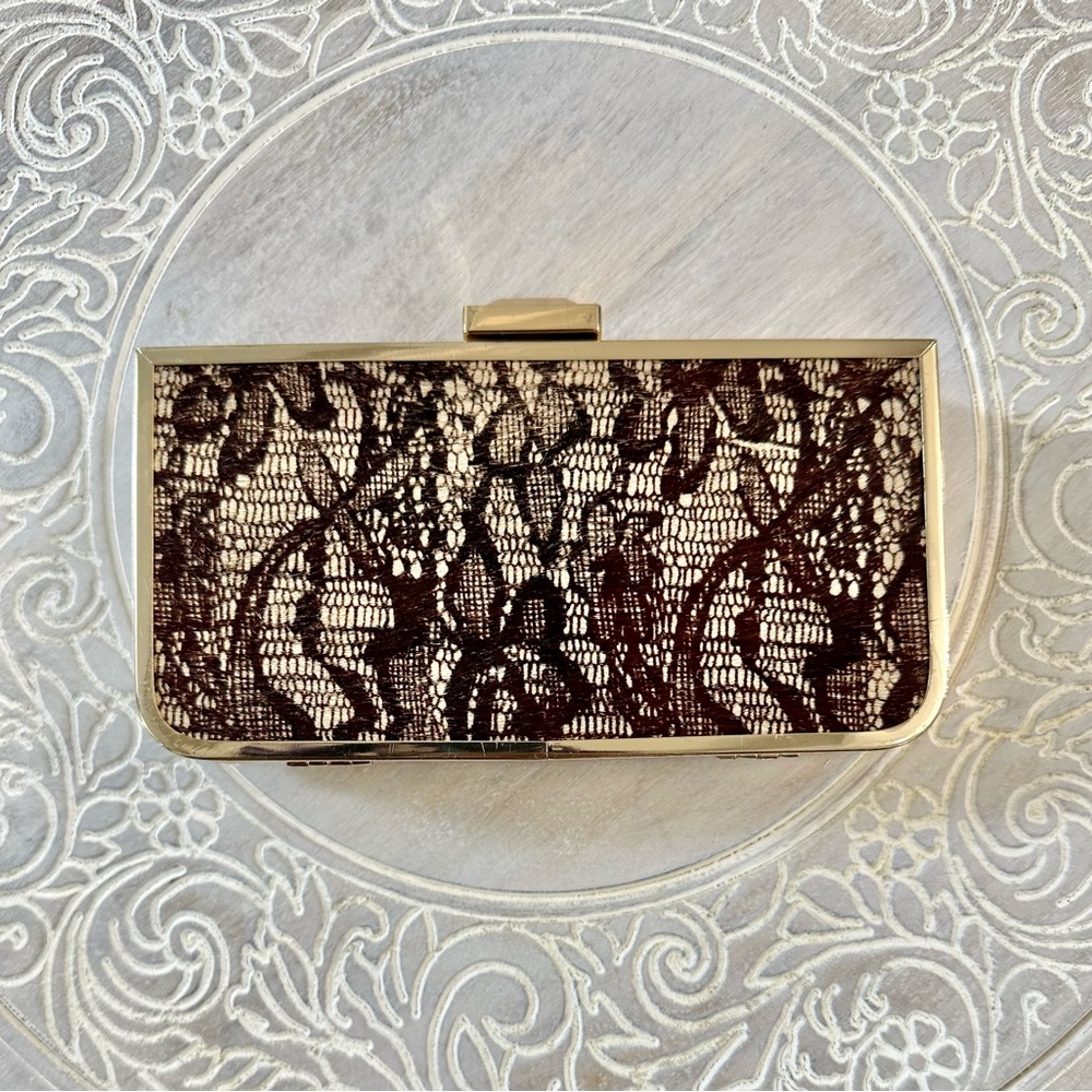 Kate Landry Gold Tone With Brown Lace Evening Clutch - Picture 4 of 10